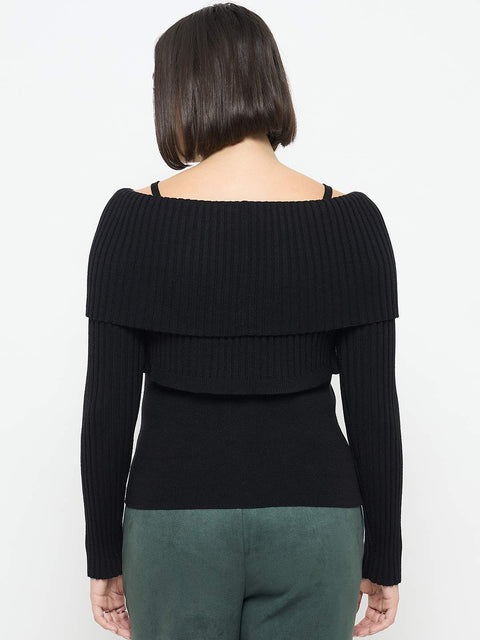 Madame Cami Neck Flutter Detailing Black Sweater