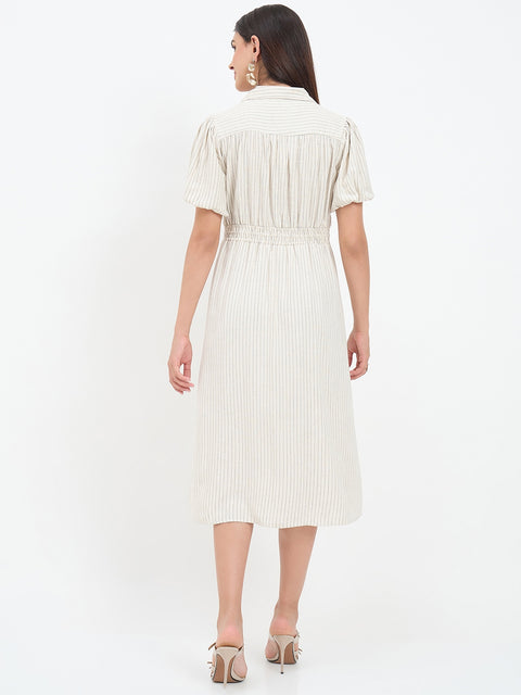 Madame Beige Viscose Linen Blend Midi Dress