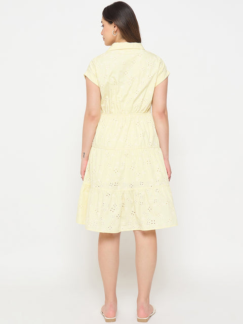 Madame Butter Yellow Printed Cotton Tiered Dress
