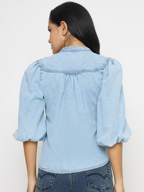 Madame Embroidery Detail Powder Blue Cotton Top