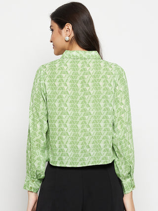 Madame Geometric Print Tie Front Green Shirt