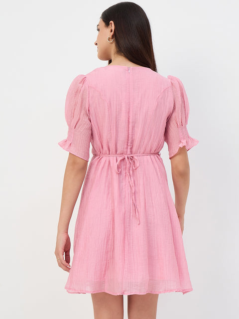 Madame Pink V-Neck Fit and Flare Lyocell Dress with Chain Belt