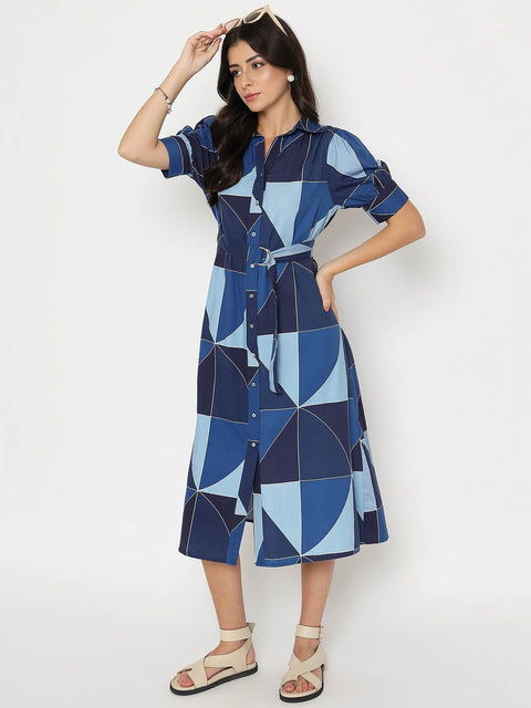 Madame Geometric Print Belted Blue Maxi Shirt Dress