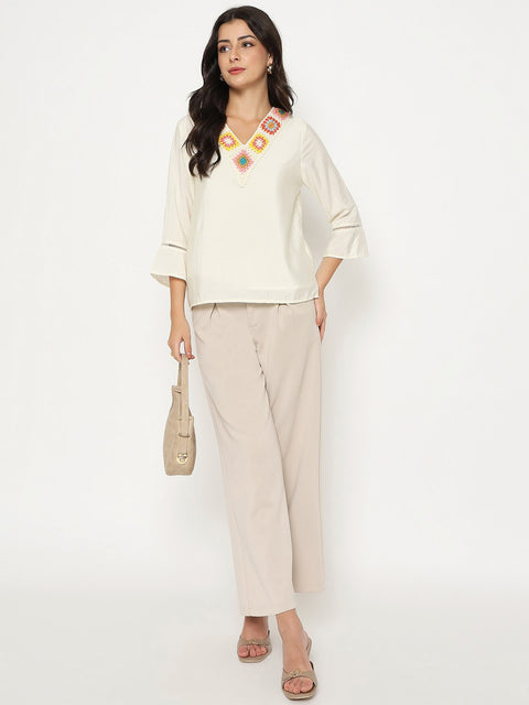 Madame Embroidered Neckline Rayon Blend Beige Top