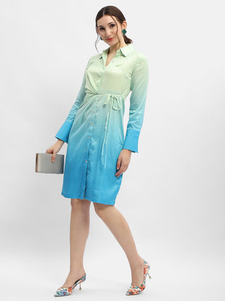 Madame Ombre Effect Sky Blue Tie-Waist Shirt Dress