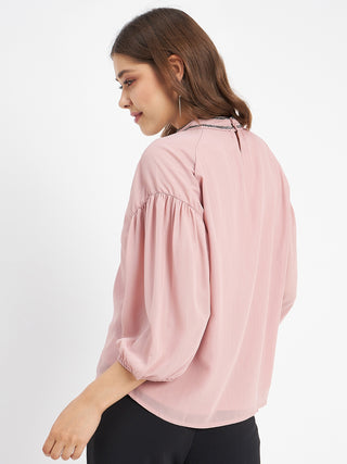 Madame Embellished Neckline Turtle Neck Solid Pink Top
