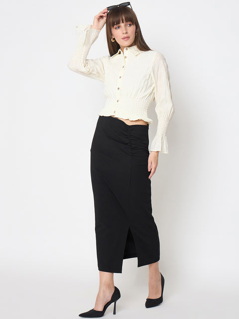 Madame Ruched Solid Black Pencil Skirt
