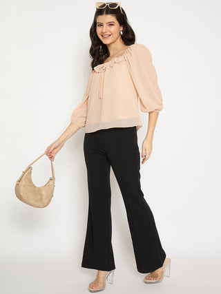 Madame Ruffle Detailed Square Neck Beige Top