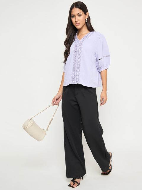 Madame Lace Detailed V-Neck Solid Lilac Knit Top