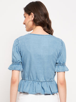 Madame Ruched Front Tie Detail Indigo Peplum Top