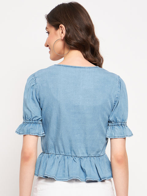 Madame Ruched Front Tie Detail Indigo Peplum Top