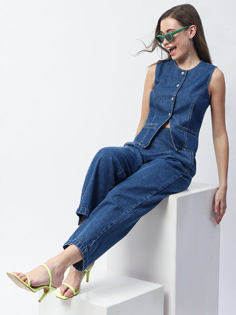 Madame Pintuck Detailed Top and Straight Trousers Mid Blue Co-ord Set