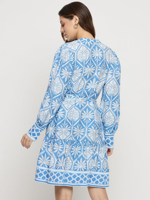 Madame Blue Printed Rayon Mandarin Collar Midi Dress
