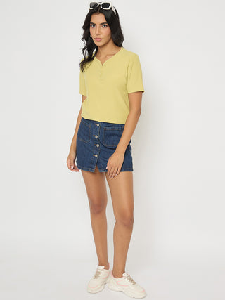 Madame Henley Neck Solid Mustard Yellow T-Shirt