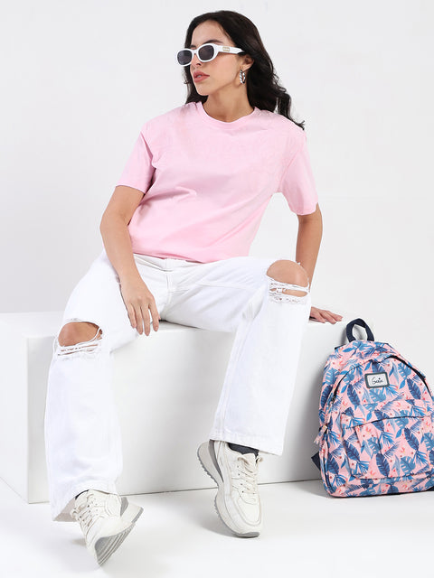 Madame Embroidered Half Sleeve Pink Cotton T-shirt