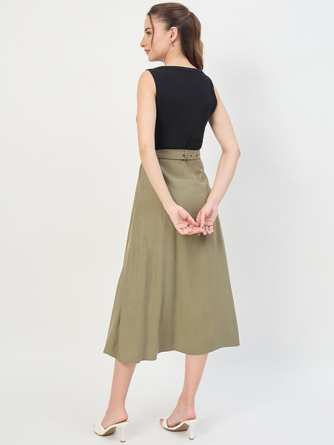Madame Black Belted Viscose Blend A-Line Midi Dress