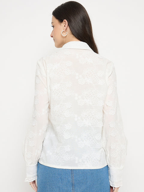 Madame Floral Detailing White Cotton Shirt