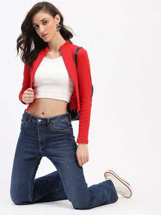 Madame Ribbed Mock Neck Zipped Red Crop Top