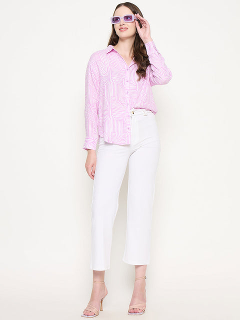 Madame Abstract Print Shirt Collar Purple Shirt
