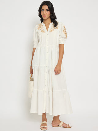 Madame Embroidered Flared Hem Belted White Cotton Dress