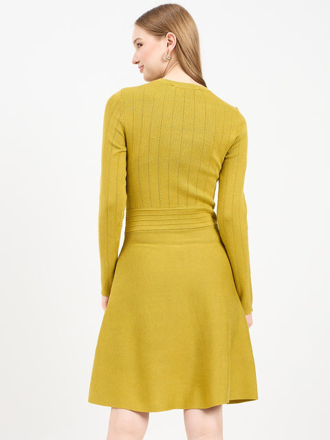 Madame Embellished Fit and Flare Green Knit Dress