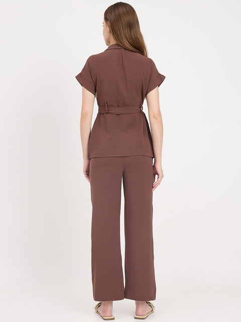 Madame Brown Rayon Roll-Up Sleeve Collared Co-ord Set