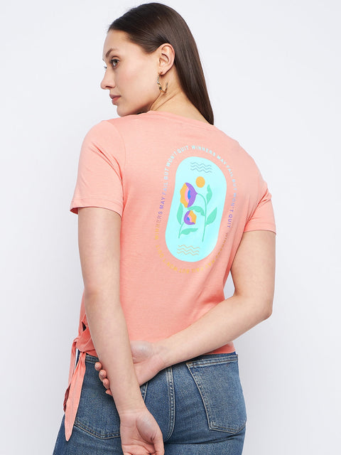 Madame Typography Peach Side Knotted Top