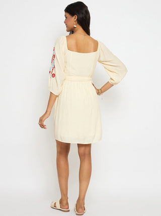 Madame Embroidered Ivory Belted Mini Dress