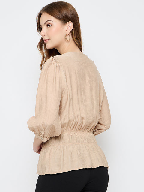 Madame Solid Rayon Blend Beige Peplum Top