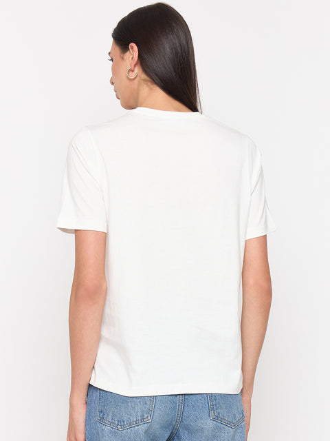 Madame White Printed Cotton Half-Sleeve T-Shirt