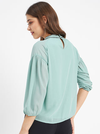 Madame Embellished Neckline Turtle Neck Solid Mint Green Top