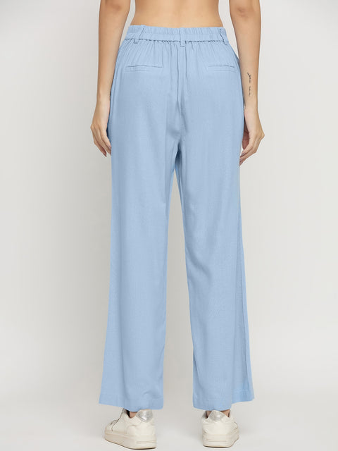 Madame Blue Rayon Linen Straight Fit Ankle Trousers