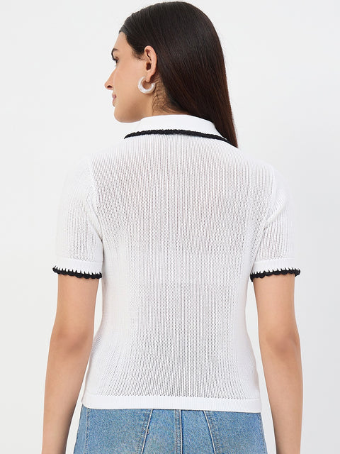 Madame White Contrast Trim Polo Knit T-Shirt