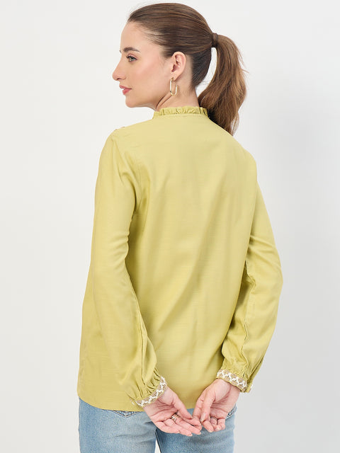 Madame Lime Viscose Embroidery Trim Sleeveless Top