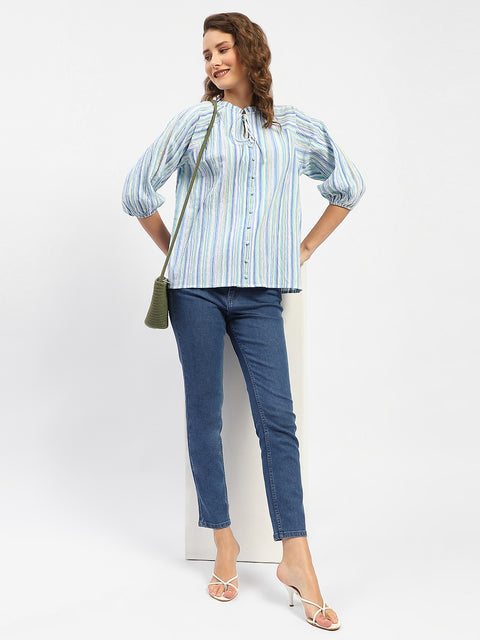 Madame Striped Sky Blue Raglan Sleeve Shirt