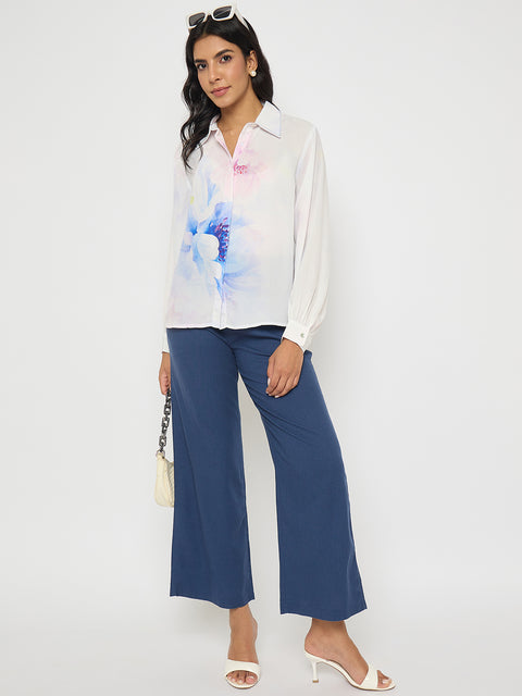 Madame Floral Print Contrast Stiched Collar Off White Shirt