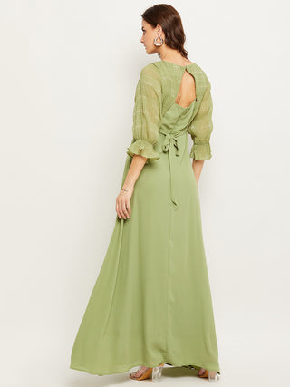 Madame Green Embellished Puff Sleeve Fit-Flare Dress