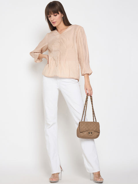 Madame Nylon Swarovski Dart Detailed Beige Top