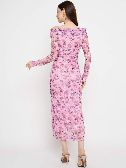 Madame Floral Print Off Shoulder Pink Maxi Dress
