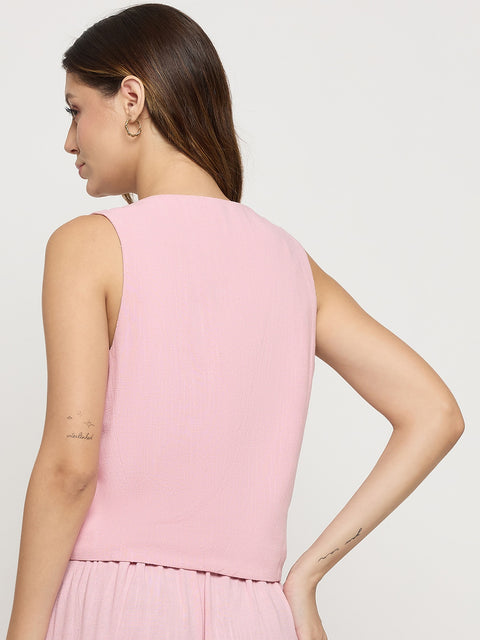 Madame Pink Viscose Linen Blend V-Neck Sleeveless Waistcoat