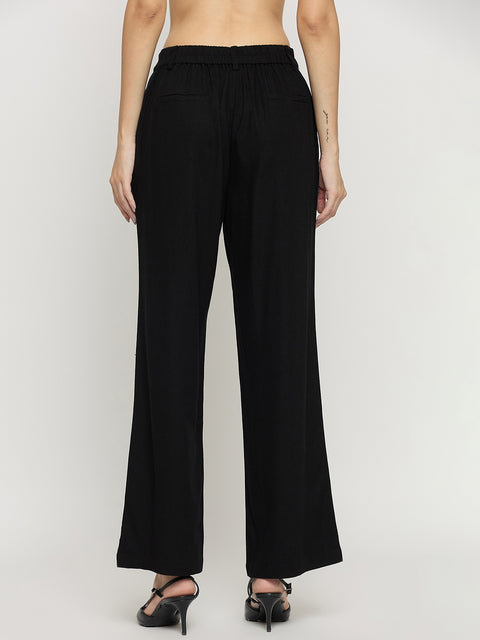 Madame Black Rayon Linen Straight Fit Ankle Trousers