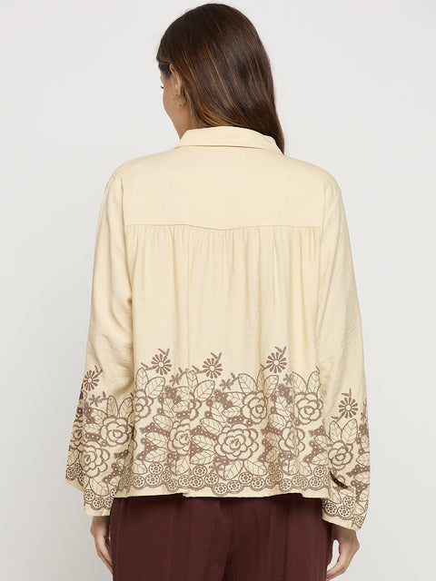 Madame Beige Embroidered Rayon Full Sleeve Shirt