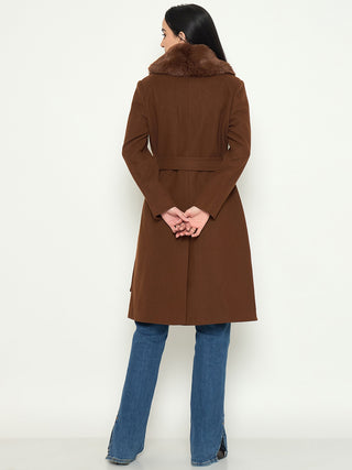Madame Brown Long Coat with Faux Fur Shawl Collar and Belt