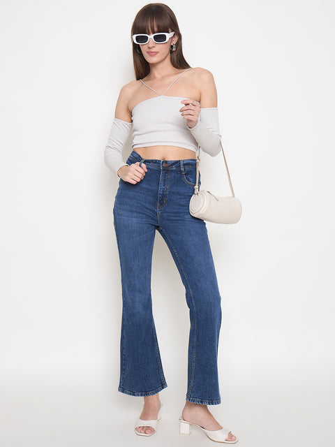 Madame Stone Wash Dark Blue Whiskered Flared Jeans