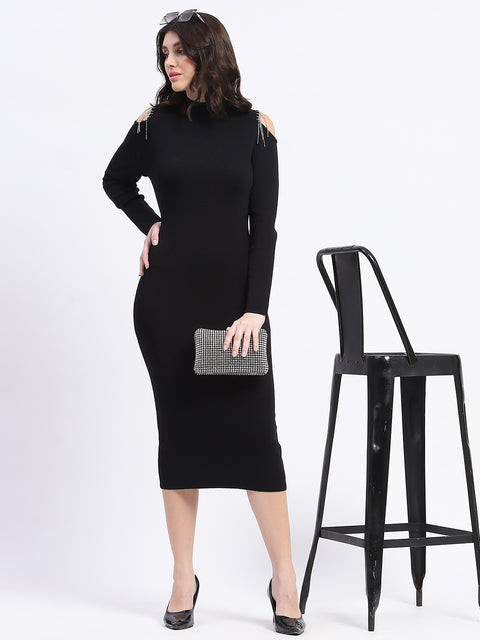 Madame Rhinestone Embellished Cold Shoulder Black Midi Dress