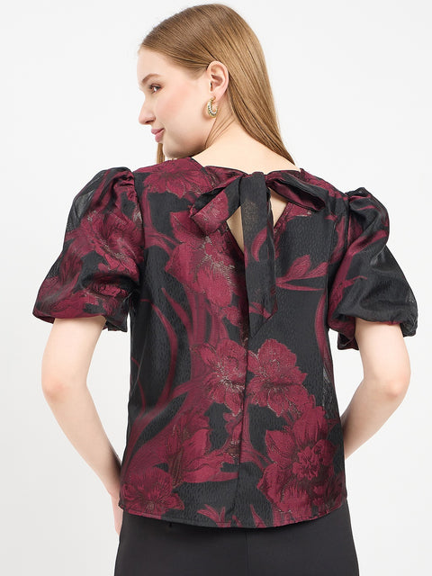 Madame Textured Burgundy Puff Sleeve Top