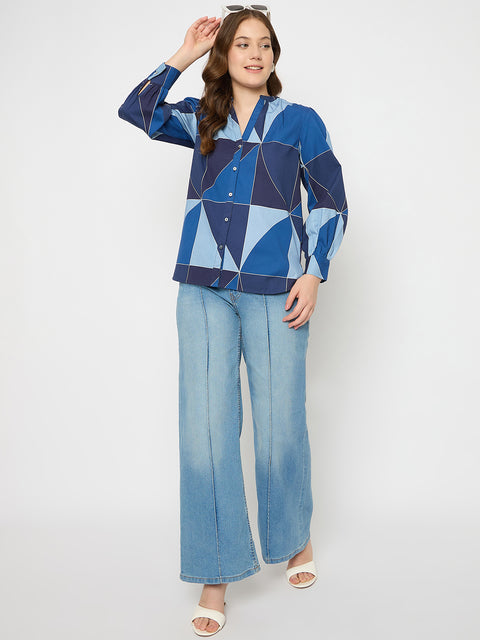 Madame Geometric Print Navy Blue Cotton Top