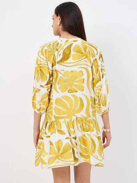 Madame Yellow Leaf Print Rayon Midi Dress