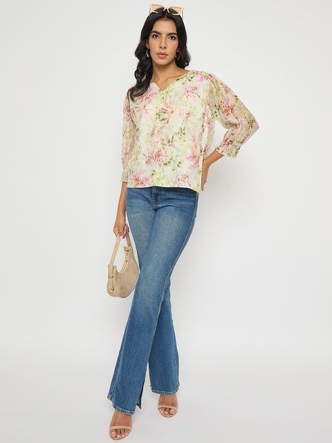 Madame Floral Print Ruffle Detail Cotton Green Peplum Top