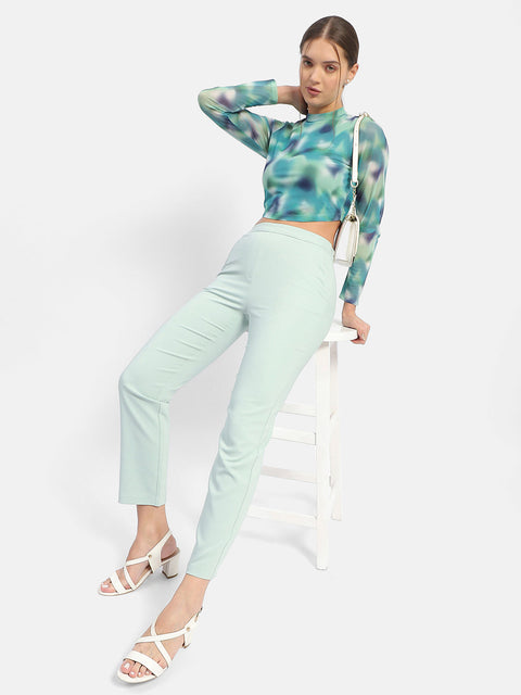 Madame Solid Green Flared Trousers